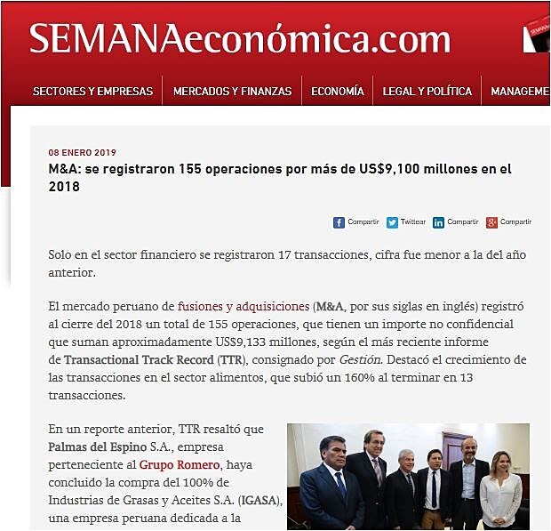 M&A: se registraron 155 operaciones por ms de US$9,100 millones en el 2018